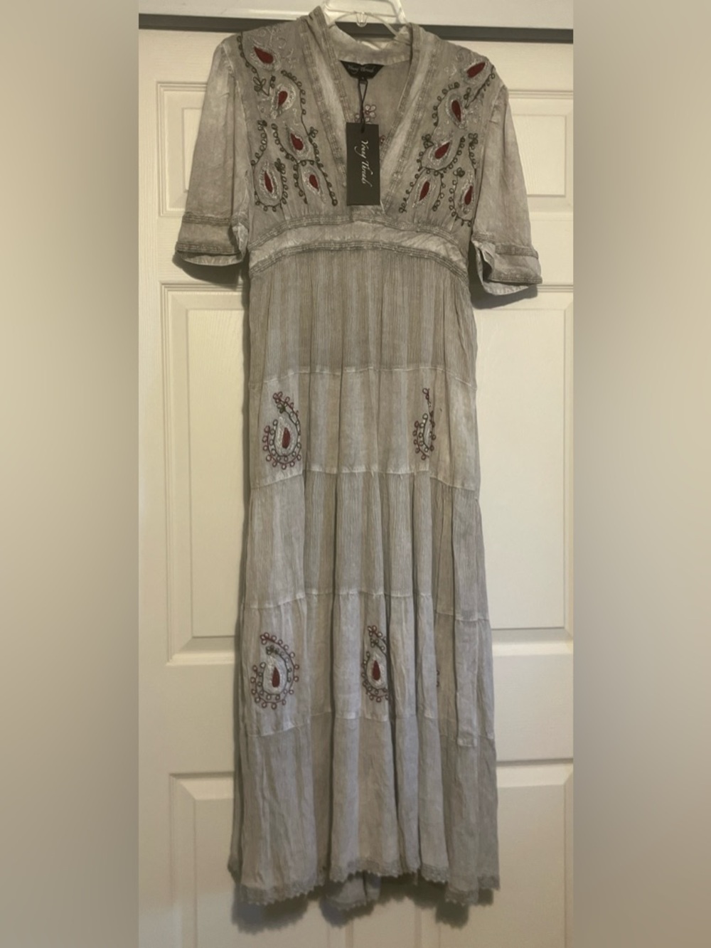 NWT Young Threads Boho Embroidered V-Neck Maxi Dress in Light Gray